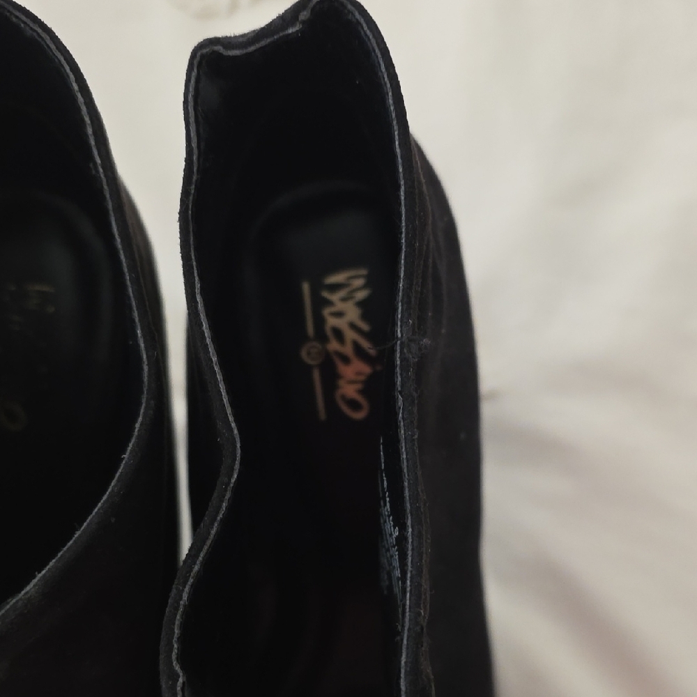 Mossimo Supply Co. Black Suede Peep-Toe Ankle Boots with Gold Trim - Picture 3 of 14